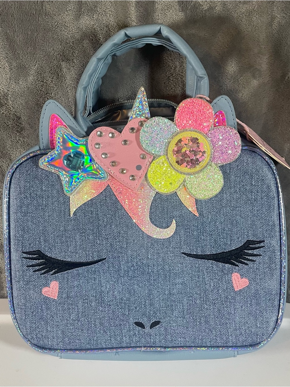 Blue Kids Unicorn Lunch Bag with Glitter Flower and Star Accents